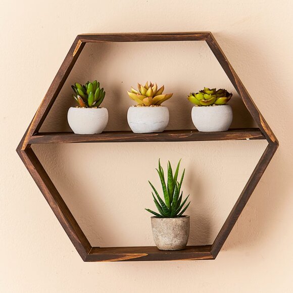 Farmhouse Hexagon Wood Middle Bar Floating Shelf Wall Decor 16 Inches - Picture 1 of 3